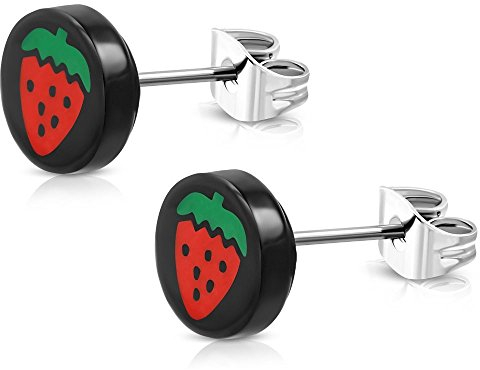 Bungsa Ohrstecker ERDBEEREN Damen & Kinder schwarz/bunt - runde Ohrringe mit ERDBEEREN - nickelfreier EDELSTAHL Ohrschmuck für Frauen & Mädchen