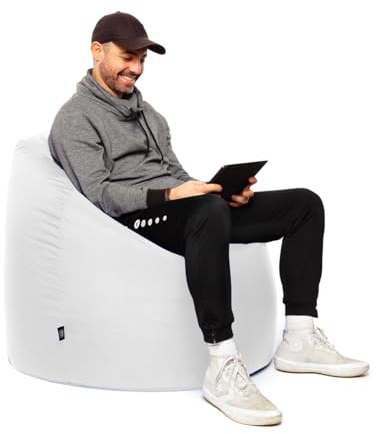 PATCH HOME Sitzsack XL Tropfenform - Weiß - Indoor & Outdoor Beanbag mit Styroporfüllung - Bereits Befüllt - Kinder & Erwachsene - 30 Farben & 3 Größen - Für Kinder und Erwachsene