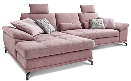 Cavadore L-Form-Sofa Castiel mit Federkern / Großes Schlafsofa mit Bettfunktion, Sitztiefenverstellung, Kopfstützen und XL-Longchair / 312 x 114 x 173 / Webstoff, Flieder-Rosa