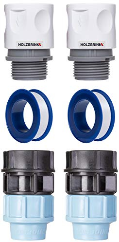 HOLZBRINK Set zum Anschluss von Verlegerohr 25mm an den Wasserhahn: 2X Schnellanschluss 20mm, 2X Verbindung PE 20mm auf 25mm, 2X Teflonband