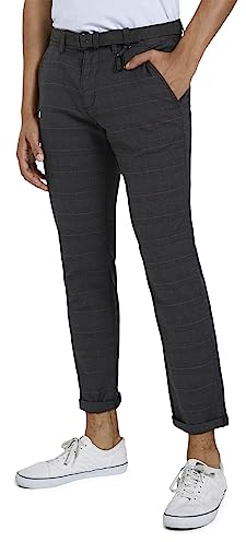 TOM TAILOR Denim Herren 1020451 Straight Fit Chino Hose mit Gürtel, 23995 - Grey Brown Check Yarn Dye, 34W / 32L