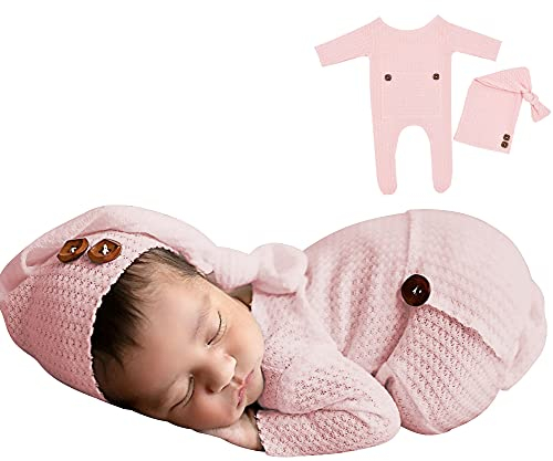 Winmany Bambino Maglia all'Uncinetto Foto Fotografia Prop Abiti Outfits 2PCS Newborn Photo Prop Pagliaccetto Cappelli Costume Accessori per Neonati per 0-2 Mesi