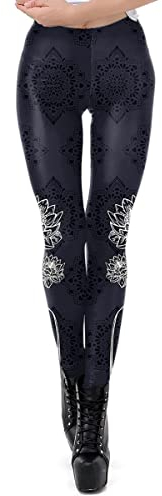 Ocultica Dunkelblaue Damen Mandala Leggings mit Druck Gothic Hose Pants mit Gummibund und Aufdruck 2XL