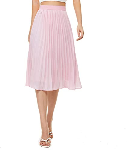 Durio Midirock Damen Faltenrock Plissee Damenrock Leicht Casualrock Chiffon Röcke A-Linie Rosa 40(Tag Size L)