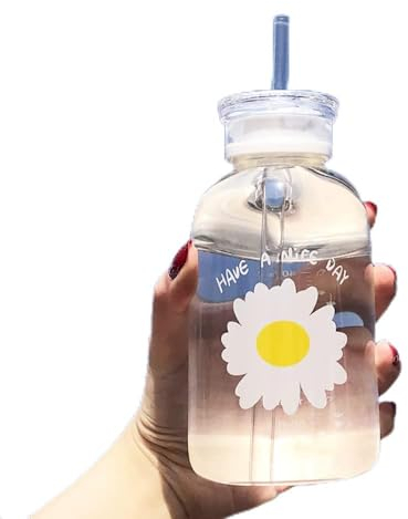 JZSMY Botella de agua de jugo de leche de 480 ml con escala, 2 tapas, diseño de margarita pequeña, mate, portátil, transparente, botella de vidrio creativa y práctica (transparente, 1 flor)