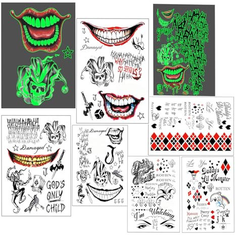 8 Blatt 3D Jo-ker Tattoos,Karneval Tattoo Gesicht,Clown Schminke Set,Jo-ker Make Up, jo-ker kostüm,Tattoo Klebetattoos Erwachsen