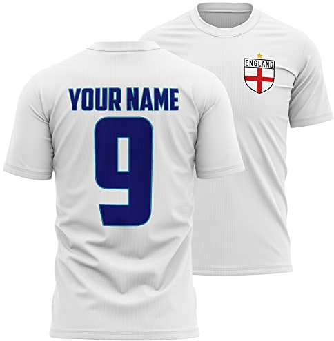 Personalised England Football Shirt Adults 2025, Your Custom Name and Number Printed England Tshirt Top, New Updated 2025 kit, Retro Gifts for English Fans, XL, White