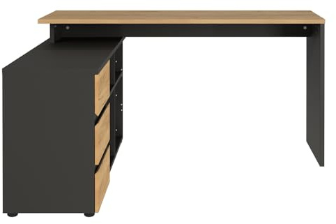 Lomadox Eckschreibtisch mit integriertem Sideboard in Graphit mit Navarra Eiche Nb., B/H/T: ca. 146/75/145 cm
