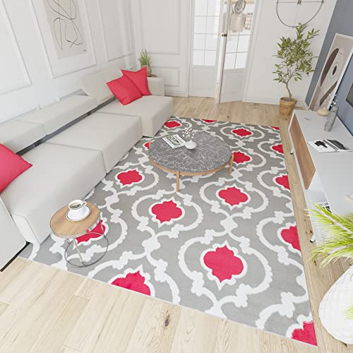 Mazovia Modern Teppich - Kurzflor - Teppich für Wohnzimmer, Schlafzimmer, Esszimmer - ÖKO-TEX Wohnzimmerteppich, Robust und pflegeleicht, Niedrige Florhöhe - Grau Rot 140 x 200 cm