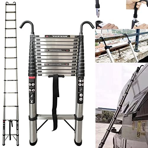Teleskopleiter, 5 m hoch, ausziehbar, 12 Stufen, kompakte Klappleiter mit Haken, Edelstahl-Ausziehleiter, tragbare zusammenklappbare Dachleiter, Dachleiter, Dachleiter, max. Belastung 150 kg