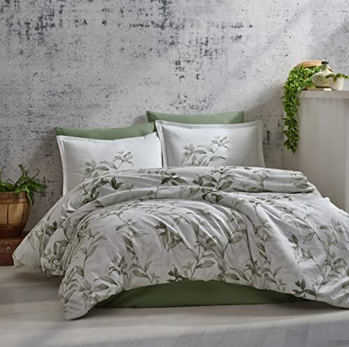 ZIRVEHOME Satin Bettwäsche-Set 240x220 cm. 5 teilig, Grün Blatt Gemustert, 100% Baumwollsatin Bettgarnitur mit extra 50x70 cm Kissenbezug, Mass V2