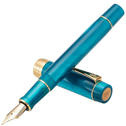 Jinhao 100 Teal Blue Resin Fountain Pen, Iridium Bent Fude Nib Gold Trim Office Writing Pen