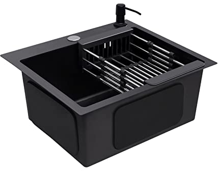 Fregadero de cocina empotrable de acero inoxidable, 40 x 45 cm, color negro, giratorio 360°, fregadero para bajo encimera (fregadero + grifo + dispensador de jabón, color negro) (tipo 1)