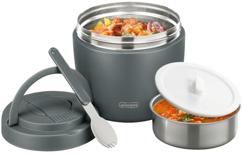 wiwens Thermo Food Jar for Hot Food Adults 32OZ Soup Thermo Lunch Containers Wide Mouth Vacuum Insulated Stainless Steel Leakproof Bento Box with Spoon (Grey)