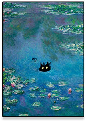 TANYANG Klassisch Monet Seerose Katze Druck Poster Claude Monet Schwarze Katze Kunstdrucke Blumen Lustige Katze Leinwand Malerei Geschenk Schlafzimmer Dekor 60X90Cm Kein Rahmen