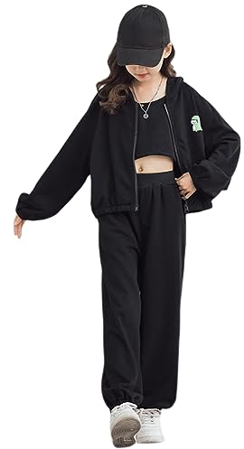 YFPICO Enfant Fille Survêtement Ensemble 3 Pièce Vêtement de Jogging Sweat-shirt et Pantalon de Sport Costume Joggers Automne Sportwear, Noir, 14-15 ans