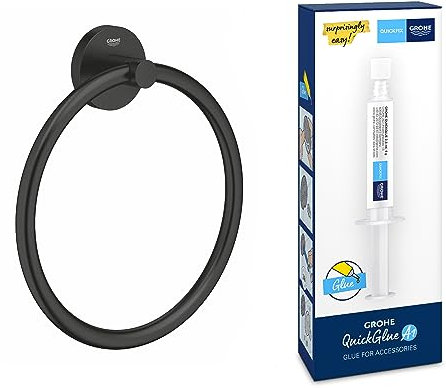 Bundle aus GROHE Start - Handtuchring (verdeckte Befestigung, geeignet zum Bohren oder Kleben), matt schwarz, 411742430 + GROHE QUICKFIX A1 Kleber 41127000