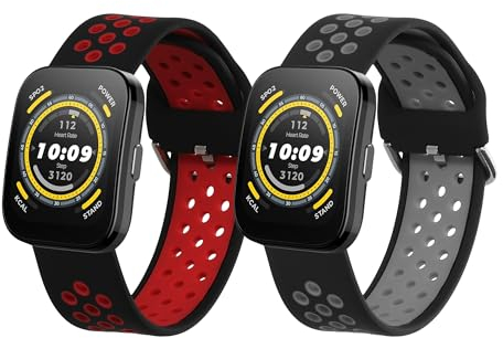 kwmobile Straps Compatible with Huami Amazfit Bip 5 Unity/Amazfit Bip 5 / Amazfit GTR 4 Straps - 2x Replacement Silicone Watch Bands - Smartwatch or Fitness Tracker - Black/Grey/Black/Red
