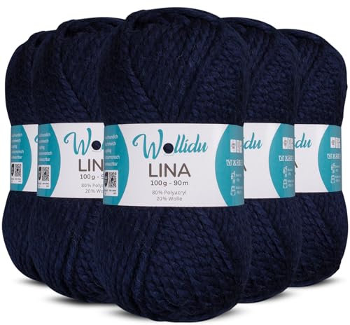 Wollidu Lina Wolle zum Stricken und Häkeln 500g 80% Polyacryl 20% Schafwolle Mulesing-frei Oeko-Tex 5x 100g/90m Häkelwolle/Strickwolle - Dunkelblau