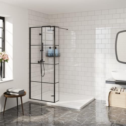 Aquariss 900mm Black Grid Walk in Shower Screen with 215mm Return Panel | 8mm Tempered Easy Clean Glass, Adjustable Support Bars, Reversible, Aluminum Profile, Wet Room, Wall Adjustable