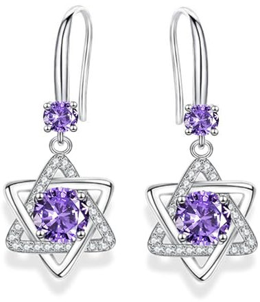Purple Hexagram Earrings - Sterling Silver Dangle Earrings with Cubic Zirconia, Purple Drop Earrings for Women Girls, Hypoallergenic Dangly Earrings Gifts for Mum Wife Ladies Jewellery Gifts