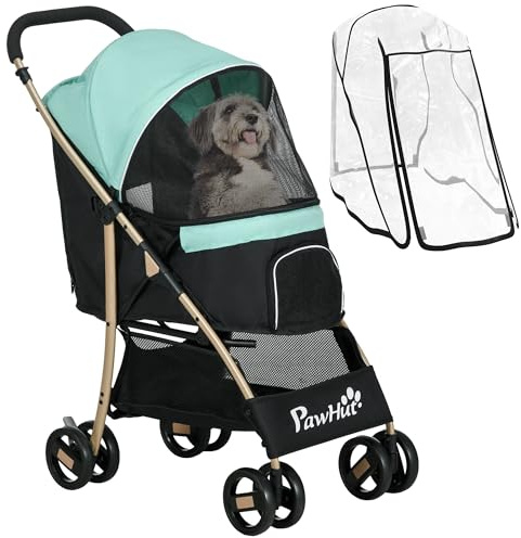 PawHut Dog Stroller with Rain Cover Foldable for Small Pets Green