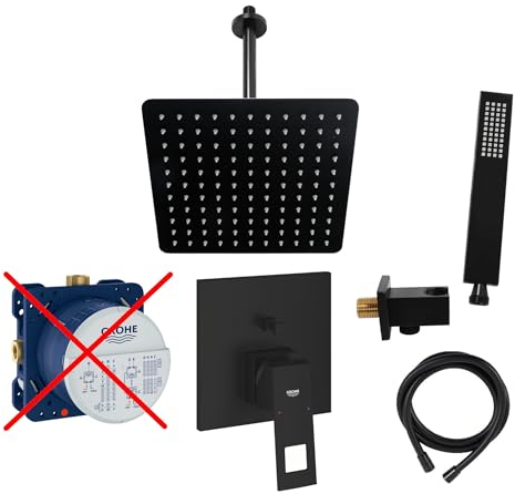 vanvilla Duschsystem mit Unterputz Duscharmatur von Grohe Eurocube Einhandmischer und vanvilla Regendusche mit Armatur, Duschkopf, Dusch-SET GS02-ob schwarz matt