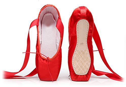 Xsclpomddy Ballett Spitzenschuhe Professionelle Ballettschläppchen Tanzschuhe mit Aufgenähten Bändern für Damen Mädchen,Red,38 EU