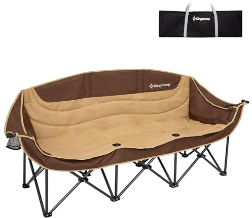 KingCamp Dreisitzer Campingstuhl Faltbar bis 450 kg, Klappstuhl Camping für 3 Personen mit Armlehne, Camping Sofa Couch 3 Sitzer Bequem, Übergröße Gartenstuhl Gepolstert Hochlehner, Khaki/Kaffee