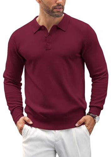 COOFANDY Mens Polo Sweater Long Sleeve Knitted Jumpers Warm Pullover Fine Knitted Sweatshirts for Men Work Jumper Thermal Top Wine Red M