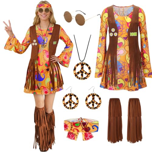 Deguisement Hippie Femme, Deguisement Année 70 avec Lunettes et Accessoires | Deguisement Année 60 Femme, Costume Année 70 Robe Boheme pour Cosplay, Bal Masqué, Halloween et Carnaval