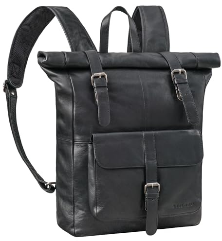 STILORD Herakles Premium Leder Rolltop Rucksack 17 Zoll Laptoprucksack Groß Vintage Backpacker Rucksack Damen Wanderrucksack Herren Fahrradrucksack Echtleder Farbe:schwarz