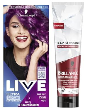 Schwarzkopf LIVE Ultra Brights Semi-Permanente Haarfarbe 094 Purple Punk (142 ml) intensive oder pastellige Farben & Brillance Glanz-Behandlung, Haar Glossing Neutral (150 ml) pflegt & intensiviert