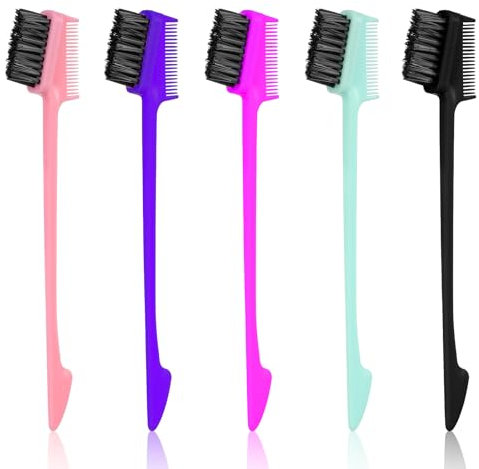 Molain 5 Pcs Hair Edge Control Brush, Double Sided Edges Brush, Teasing Hair Brushes Rat Tail Comb, Plastic Bristle HairBrush, Edge Control Brushes, for Home, Hairdressers