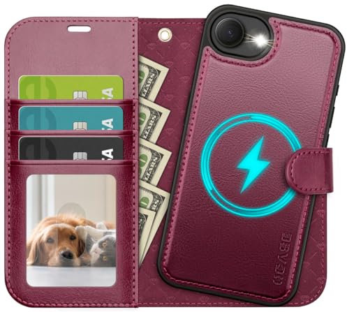 OCASE 2 in 1 Handyhülle iPhone 16e Hülle Abnehmbare magnetische mit Mit Handschlaufe, Kabelloses Laden, Kartenfach Lederhülle Kompatibel für iPhone 16e Burgundy