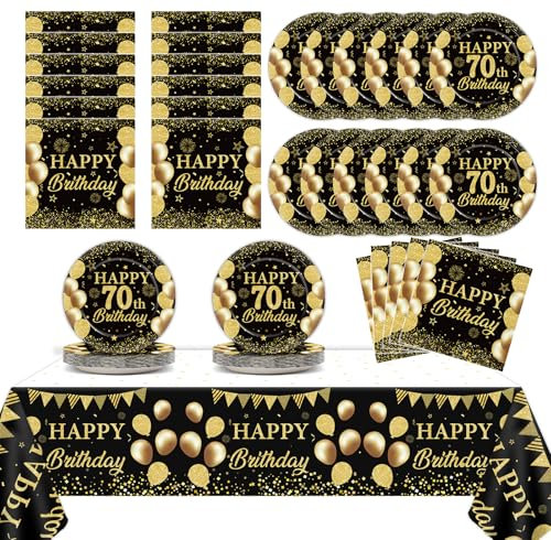 Qyeahkj 70th Birthday Party Supplies Black Gold 70 Years Old Party Plates Napkins Tablecloth Cheers to 70 Paper Dinnerware Set Happy 70 Birthdays Favors for Men Women Anniversary Serve 24 Guests