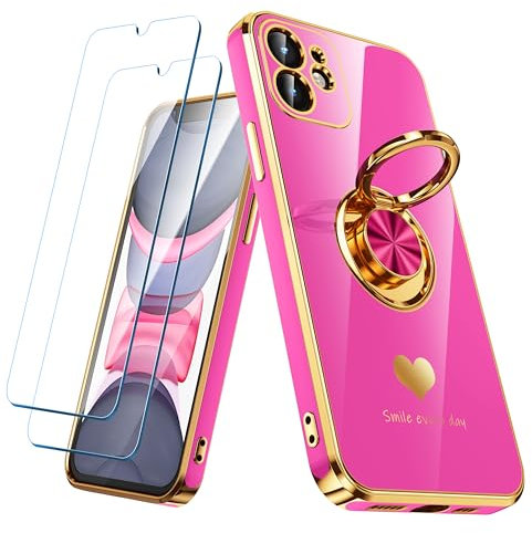 Nonional Compatible for iPhone 11 Case with 2 Pack Screen Protector, 360° Rotatable Ring Holder [Luxury Hearts Pattern] Plating Gold Edge Slim Soft Phone Cover Case for iPhone 11 - Rose Pink
