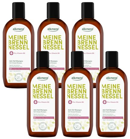 alkmene 6x Shampoo gegen fettige Haare mit Brennnessel 250 ml - Veganes Shampoo fettige Kopfhaut vermindert schnelles Nachfetten - Haarshampoo fettiger Ansatz