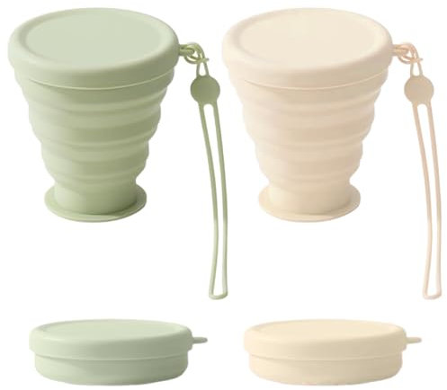 Bicchiere pieghevole, set di 2 tazze in silicone pieghevoli, Bicchiere Pieghevole in Silicone Alimentare Riutilizzabile, per Viaggio Campeggio Escursionismo e Lavoro (200ml,Verde e beige)