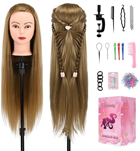 28 Mannequin Head With Hair Cosmetology Manikin Practice Braiding Hair Doll Head For Hair Styling Hairdressing Head For Braiding With Free Wig Head Stand Hair Styling Tools Set (Golden)