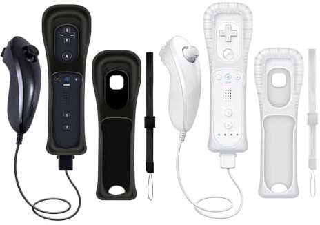 CLVIZCXOM (2 Sets / 8 Stück! Fernbedienungs-Doppelpack kompatibel mit Nintendo Wii/Wii U Konsolen: 2 Fernbedienungen + 2 analoge Joysticks + 2 Hüllen + 2 Armbänder, mit Motion Plus (Schwarz & Weiß)