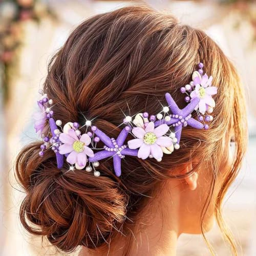 IYOU Haarschmuck Meerjungfrau Damen Kopfschmuck Muscheln Lila | Haarrebe Seestern Hochzeits Haarband Blumen Perlen