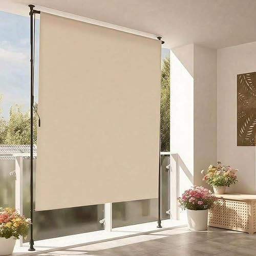 Wasserdicht Outdoor Vertikalmarkise mit Kurbel 2m Rollo ohne Bohren Klemmrollo Sichtschutz & Sonnenschutz für Balkon & Terrasse (Beige)