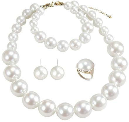 4 Stück Perlen Schmuck Set Damen, Perlenschmuck Set mit Perlenkette, Perlenarmband, Perlen Ohrringe, Perlenring, Kunstperlen Ohrringe Ketten Bracelet Ringe für Damen Mädchen Hochzeit Festival Party