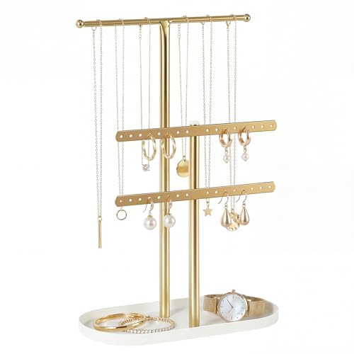 VIRETH HAUS Schmuck-Organizer 3 Ebenen, Metall Schmuckständer in Gold | Weißes Metalltablett, Schmuckaufbewahrung Display für Halsketten, Armbänder, Ohrringe, Ringe & Uhren, Geschenk für Frauen