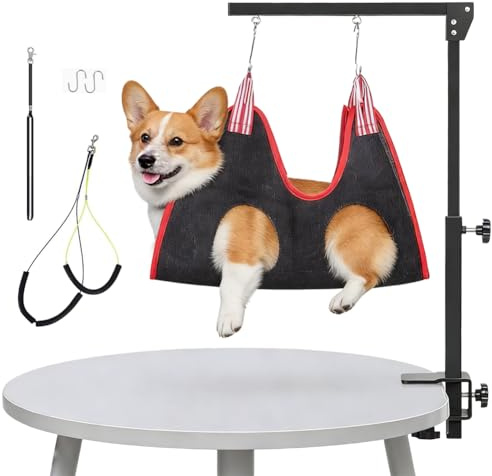 Frisiertisch Hund mit Klemme, Höhenverstellbare Trimmtisch für kleine und große Hunde, mit 2 Nicht-sitzenden Haunch-Halter,Einzelhebel,45-91 cm