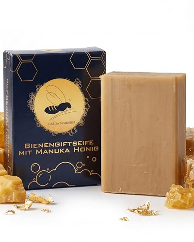 Gregas Bienengift Manuka Honig Seife 100g ohne Parfüm und palmölfrei | Hochdosierte Bienengiftseife mit Apitoxin ca. 280+ Intensivpflege für deine Haut Naturseife mit Bienengift & Manuka Honig.