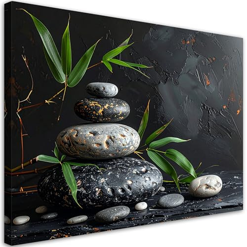Feeby Leinwand Bilder - Bild Wohnzimmer - Zen Spa Steine Bambusblätter - 60x40 1tlg - Deko Schlafzimmer Groß - Dekoration Canvas - Gemälde - Modern Wandbilder - Kunstdruck