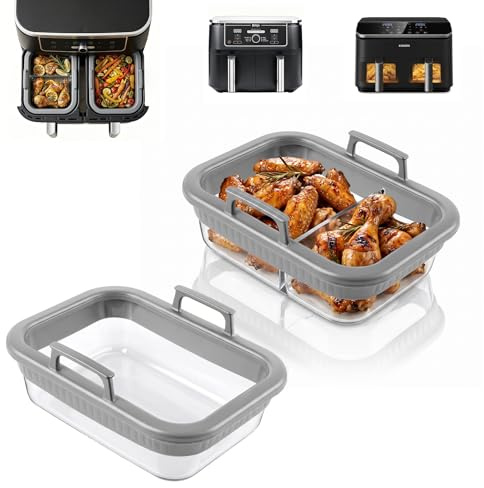ERWEY Plat en Verre pour Air Fryer, 2 Pièces Moule Air Fryer Ninja AF400EU /AF500EU /SL400EU /COSORI 2 Compartiments 8.5L, Accessoire Airfryer en Silicone Plat, Grille Racks, Paniers à Friture, Gris