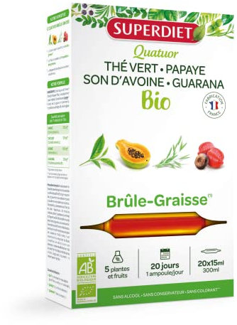 SUPERDIET – QUATUOR MINCEUR BIO – Thé Vert, Bouleau, Reine des Prés, Vigne Rouge – Fabrication française – 4 plantes + Vinaigre de cidre – 20 ampoules de 10 ml